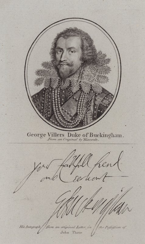 George Villiers Duca di Buckingham, cortigiano, politico e favorito del re Giacomo I (incisione) da Michiel Janszoon van (after) Miereveldt