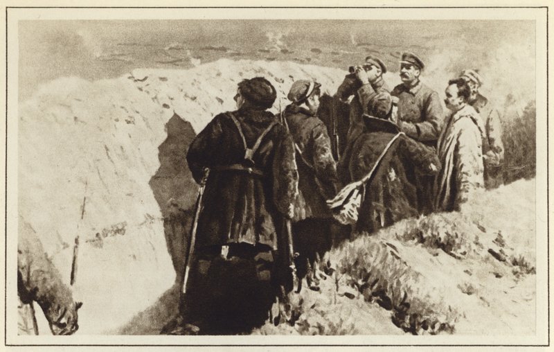 Comandanti bolscevichi Joseph Stalin e Kliment Voroshilov nelle trincee di Tsaritsyn, Guerra Civile Russa, 1918 da Mitrofan Borisovic Grekov