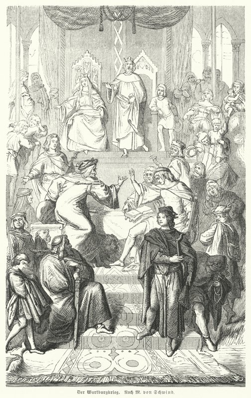 Il Sangerkrieg, una gara tra menestrelli al castello di Wartburg in Turingia nel 1207 (incisione) da Moritz Ludwig von (after) Schwind