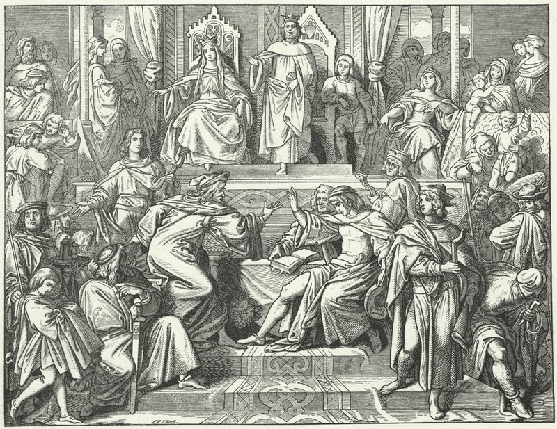 Il Sangerkrieg, una gara tra menestrelli al castello di Wartburg in Turingia nel 1207 (incisione) da Moritz Ludwig von Schwind