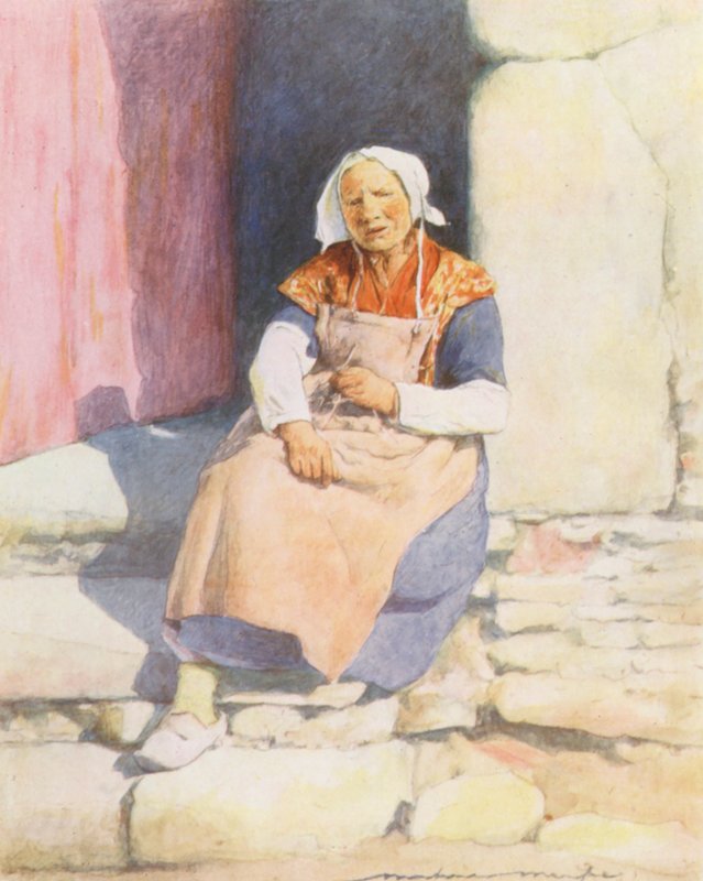 Sui gradini della casa del mulino, Pont-Aven (litografia a colori) da Mortimer Ludington Menpes