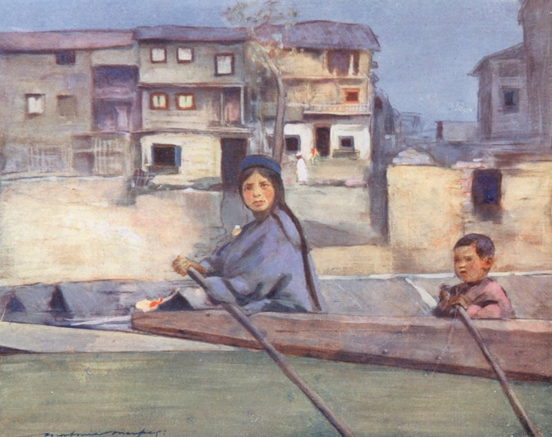Bambini del mondo: Kashmir, Sul fiume Jhelum (litografia a colori) da Mortimer Ludington Menpes