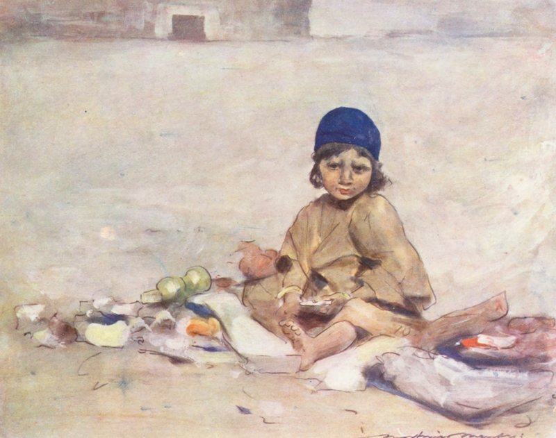 Bambini del mondo: Kashmir, Seduti immobili (litografia a colori) da Mortimer Ludington Menpes