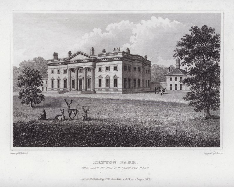 Denton Park, la residenza di Sir C H Ibbotson (incisione) da Nathaniel (after) Whittock