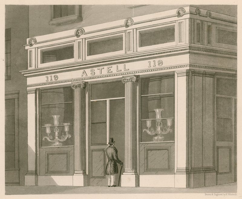 Vetrina per Astell, Wine and Spirit Warehouse, Grafton Street, Tottenham Court Road da Nathaniel Whittock