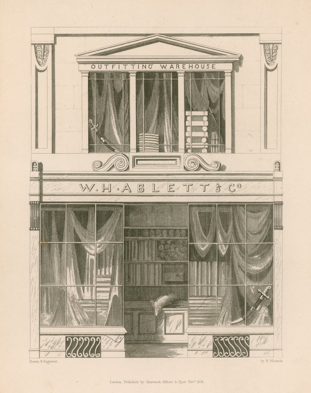 Vetrina per W H Ablett, Outfitting Warehouse, Cornhill, Londra da Nathaniel Whittock