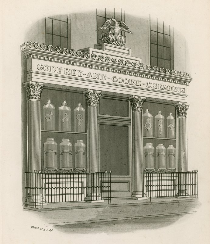 Vetrina di Godfrey and Cooke, chimici, Conduit Street, Londra da Nathaniel Whittock