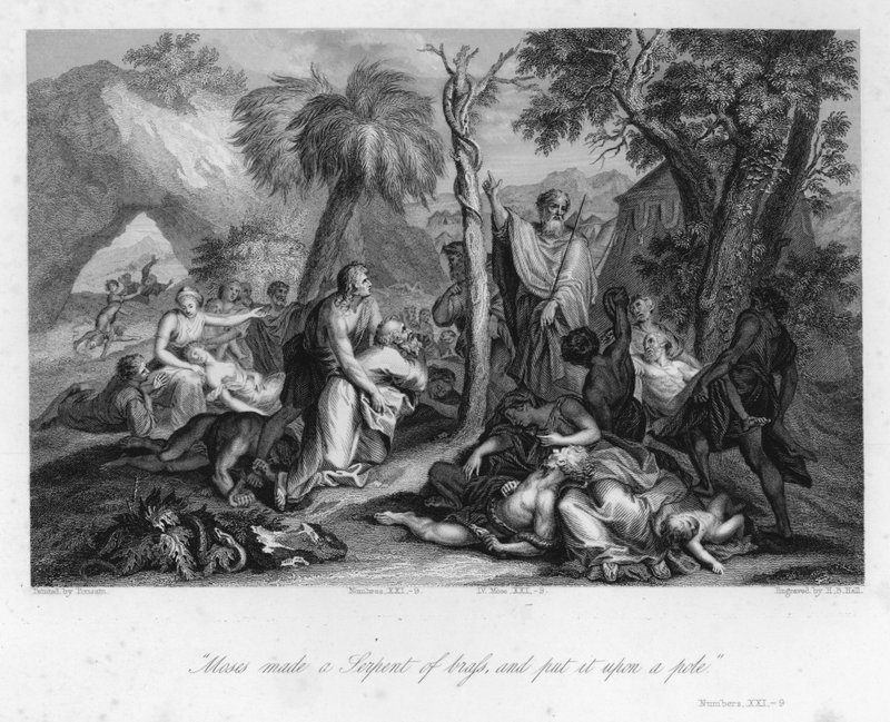 Il serpente di bronzo, Numeri XXI, 9 (incisione) da Nicolas (after) Poussin