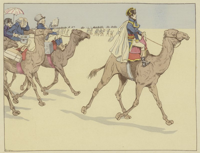 Arrivato nella terra dei Faraoni, Napoleone andava ovunque seguito da una commissione di studiosi e artisti che non avevano mai cavalcato un cammello, 1 luglio 1798 da Onfray de Breville Job