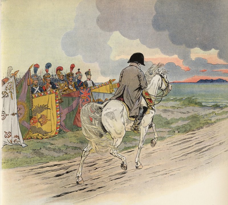 Immagine immaginaria di Napoleone a cavallo, che riceve il rispetto dei soldati d