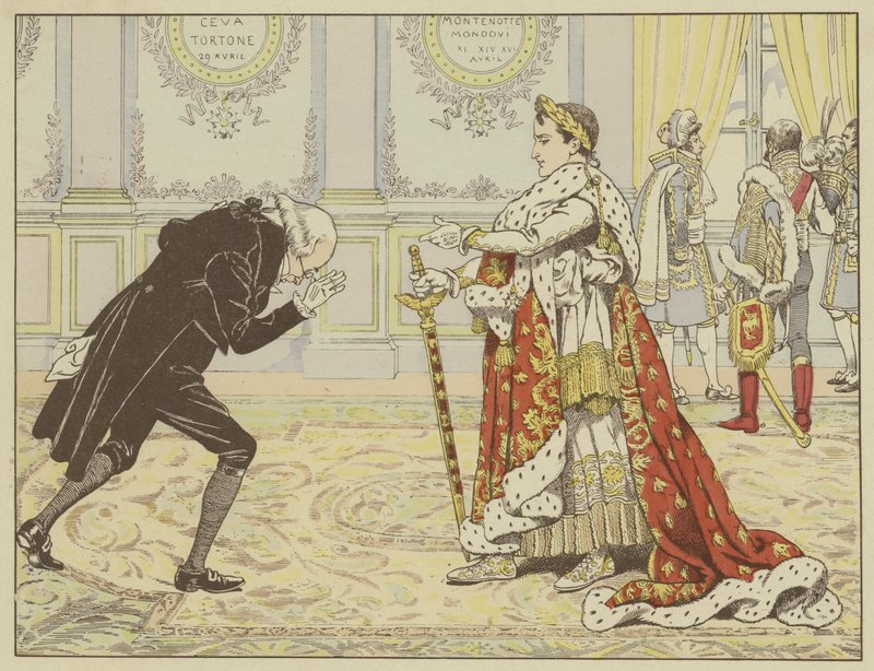 La mattina della sua incoronazione, vedendo il notaio di Josephine, Napoleone gli disse ridendo: Bene, Maitre Ragideau, ecco il mantello! Ecco la spada! da Onfray de Breville Job