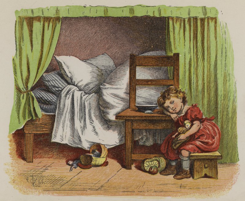 Bambina seduta accanto al suo letto (litografia a colori) da Oskar Pletsch