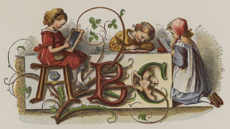 Tre ragazze che praticano la scrittura (litografia a colori) da Oskar Pletsch