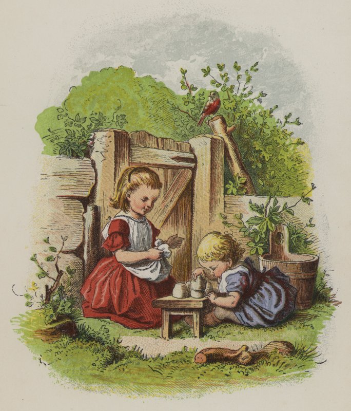 Due bambine che giocano in un giardino (litografia a colori) da Oskar Pletsch