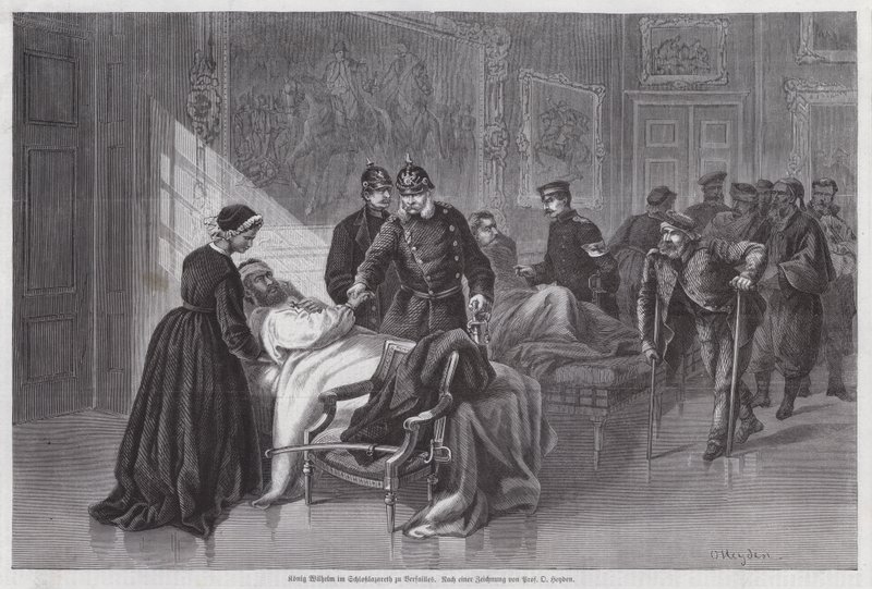 Il re Guglielmo I di Prussia incontra i soldati feriti nel Palazzo di Versailles, Francia, Guerra Franco-Prussiana da Otto Johann Heinrich Heyden