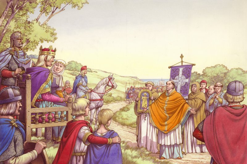 Agostino di fronte al re Ethelbert e alla sua regina Bertha (gouache su carta) da Pat (1907-95) Nicolle