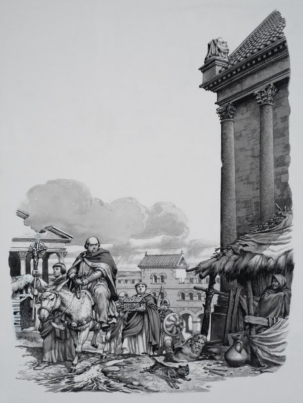 Il vescovo Mellito (†624) in arrivo a Londra (gouache su carta) da Pat (1907-95) Nicolle