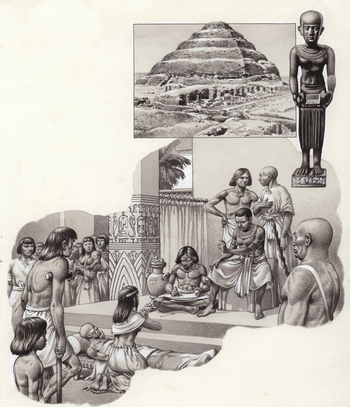 Imhotep "il buon medico" che dà consigli a un malato (gouache su carta) da Pat (1907-95) Nicolle