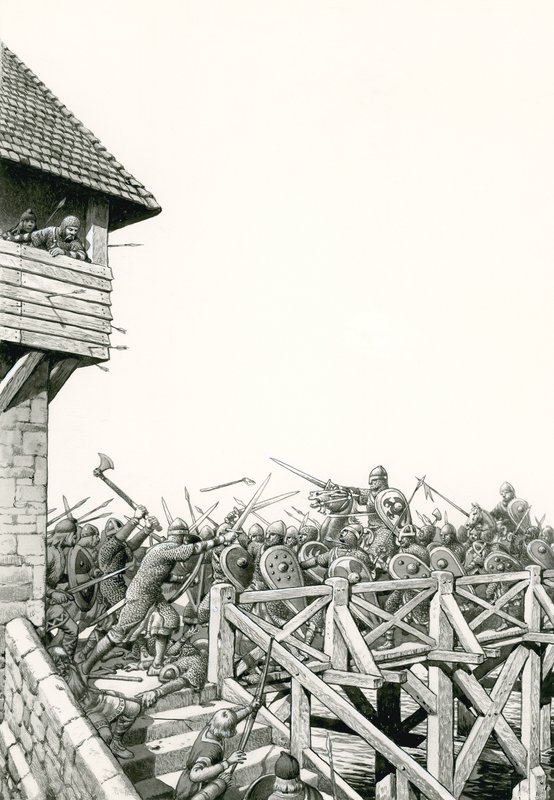 Conquista normanna: le truppe avanzano lungo il Tamigi (gouache su carta) da Pat (1907-95) Nicolle