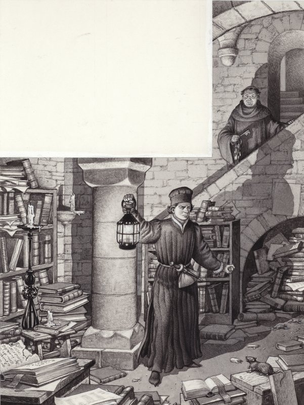 Poggio Bracciolini nella biblioteca trascurata del monastero di San Gallo (gouache su carta) da Pat (1907-95) Nicolle
