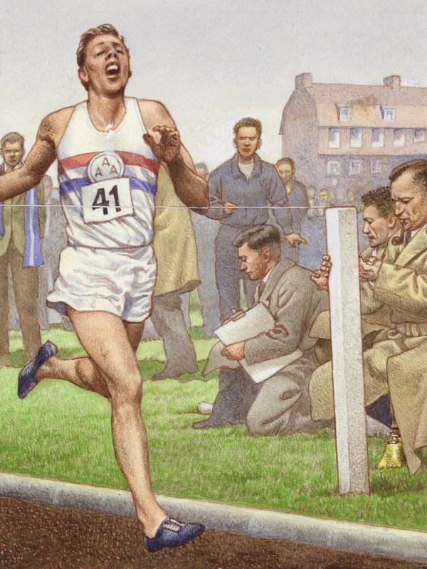 Roger Bannister che corre il primo miglio in quattro minuti (gouache su carta) da Pat (1907-95) Nicolle