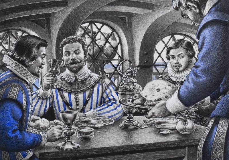 Sir Francis Drake (1540-96) a tavola (gouache su carta) da Pat (1907-95) Nicolle