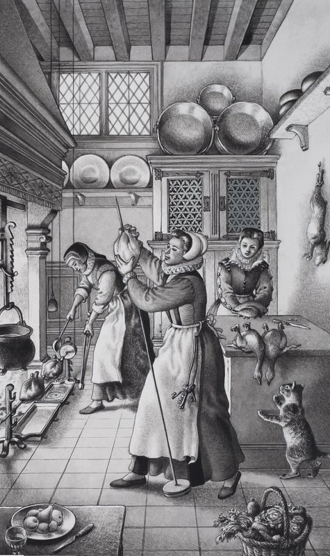 Cucina del XVI secolo (gouache su carta) da Pat (1907-95) Nicolle