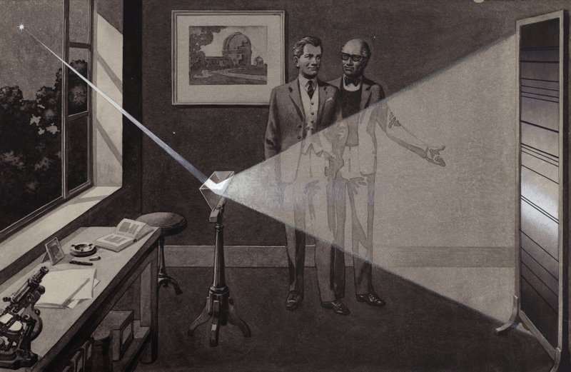 La luce di una stella colpisce un prisma, dividendosi in un arcobaleno di colori (gouache su carta) da Pat (1907-95) Nicolle