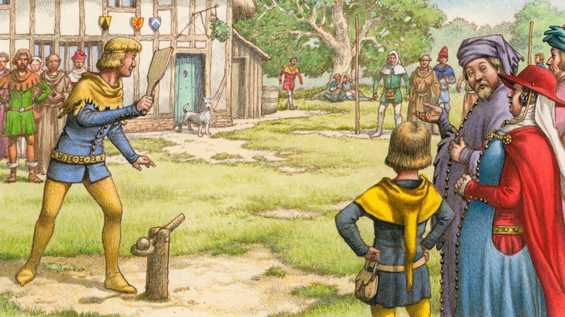 Trap-ball, come avrebbero potuto guardarlo i pellegrini di Chaucer (gouache su carta) da Pat (1907-95) Nicolle