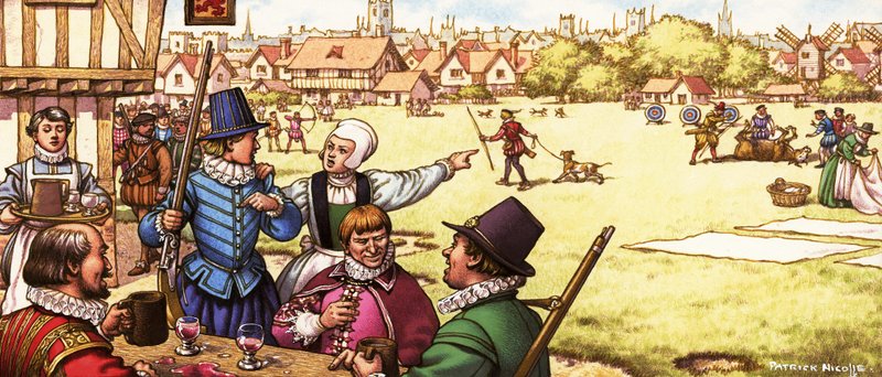 Scena non identificata del XVII secolo di uomini che bevono in una locanda presso una comune da Pat (1907-95) Nicolle