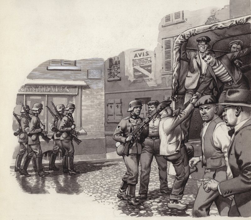 Un soldato tedesco aiuta i prigionieri a fuggire da un camion (gouache su carta) da Pat (1907 95) Nicolle