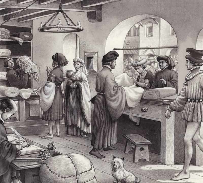 La bottega di un mercante di stoffe nell