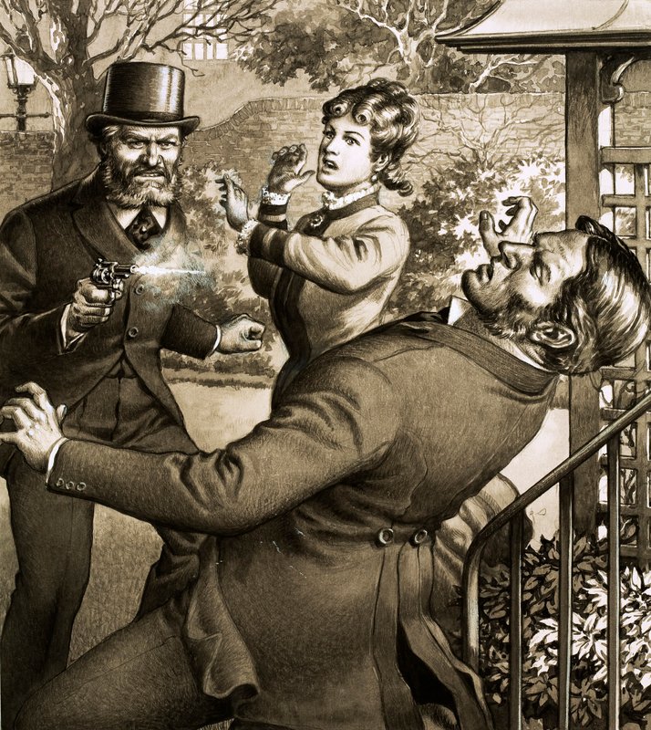 Charles Peace, noto scassinatore e assassino, spara a una delle sue vittime (gouache su carta) da Pat (1907 95) Nicolle