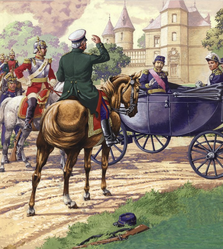 Il conte Bismark si avvicina alla carrozza di Napoleone III (gouache su carta) da Pat (1907-95) Nicolle