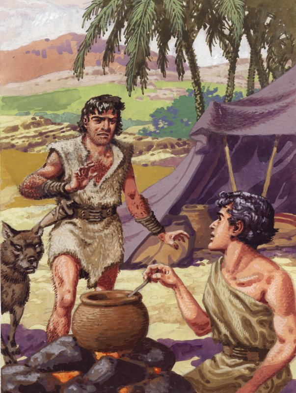 Esaù chiede cibo al fratello Giacobbe (gouache su carta) da Pat (1907 95) Nicolle