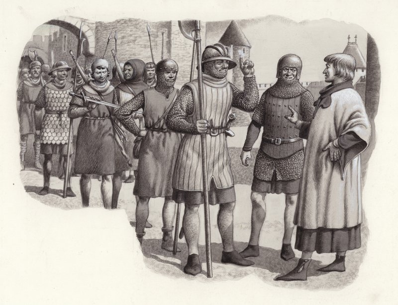 Soldati a piedi del XIV secolo (gouache su carta) da Pat (1907 95) Nicolle