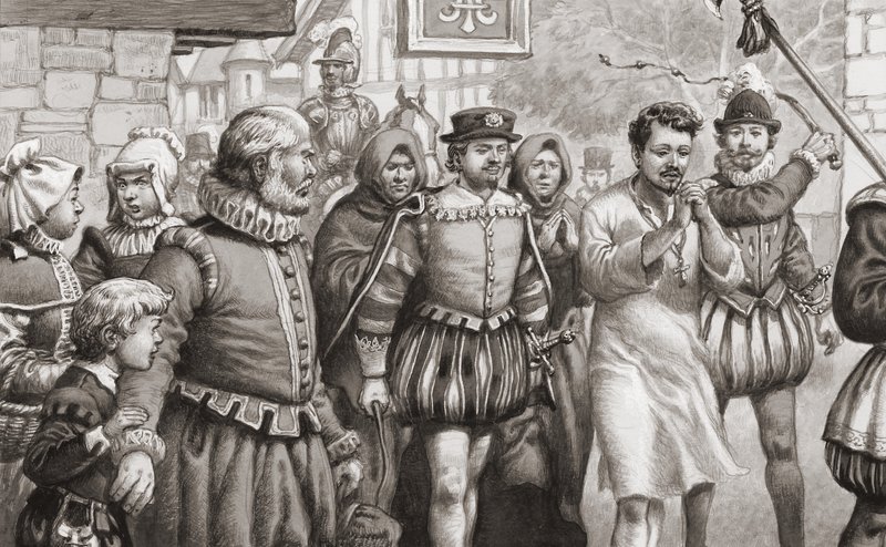 Re Enrico III di Francia che fa penitenza camminando per le strade di Parigi con una camicia di pelo mentre viene frustato (gouache su carta) da Pat (1907 95) Nicolle