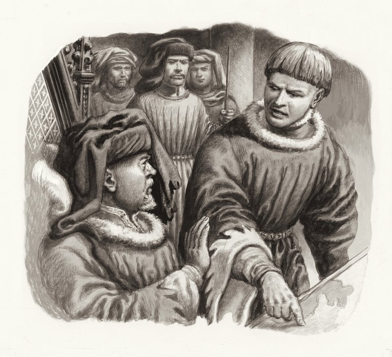 Re Enrico IV e il principe Hal (guazzo su carta) da Pat (1907-95) Nicolle