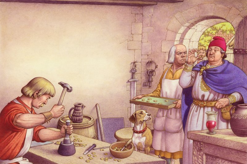 Re Offa esamina le monete prodotte dalla zecca reale di Mercia (gouache su carta) da Pat (1907-95) Nicolle