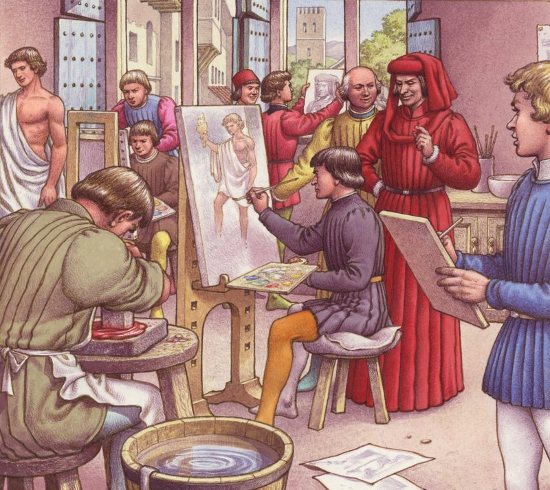 Lorenzo de Medici visita la scuola per artisti (guazzo su carta) da Pat (1907 95) Nicolle