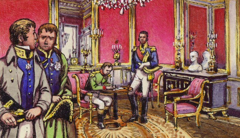 Napoleone firma gli articoli di abdicazione al Palazzo di Fontainbleau (gouache su carta) da Pat (1907-95) Nicolle