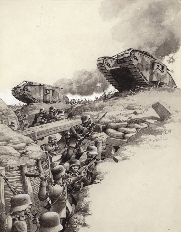 Carri armati rotolano sulle trincee tedesche durante la Grande Guerra (gouache su carta) da Pat (1907 95) Nicolle