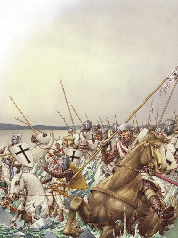 Cavalieri teutonici cadono tra i ghiacci del lago ghiacciato di Peipus (gouache su carta) da Pat (1907 95) Nicolle