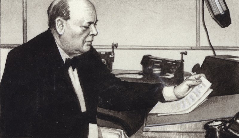 Winston Churchill fa una delle sue famose trasmissioni radiofoniche in tempo di guerra (gouache su carta) da Pat (1907 95) Nicolle
