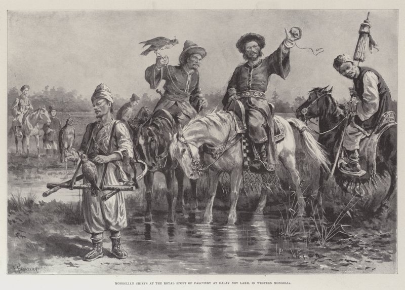 Capi mongoli allo sport reale della falconeria al lago Dalay Nov, nella Mongolia occidentale da Paul Frenzeny