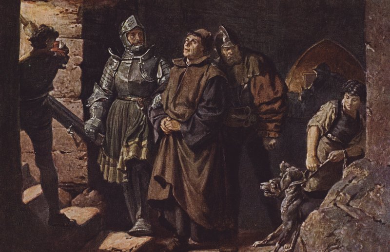 Hans von Berlepsch e Burckhardt Hund von Wenckheim scortano Martin Lutero al Castello di Wartburg da Friedrich Paul Thumann