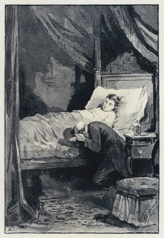 Illustrazione per Anna Karenina: Karenina nella camera di Anna durante la sua malattia da Paul Frenzeny