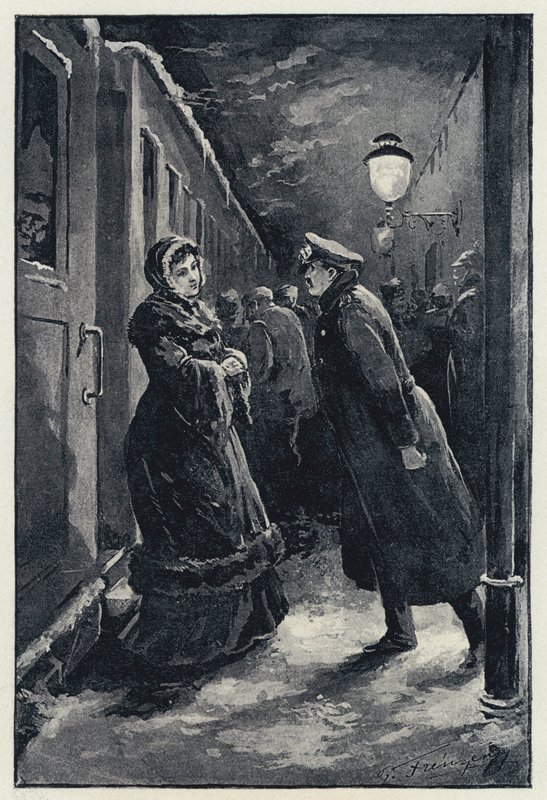 Illustrazione per Anna Karenina: Vronsky incontra Anna alla stazione da Paul Frenzeny