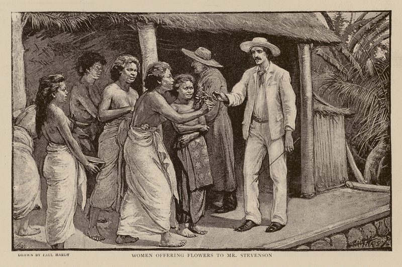 Donne che offrono fiori a Robert Louis Stevenson da Paul Hardy