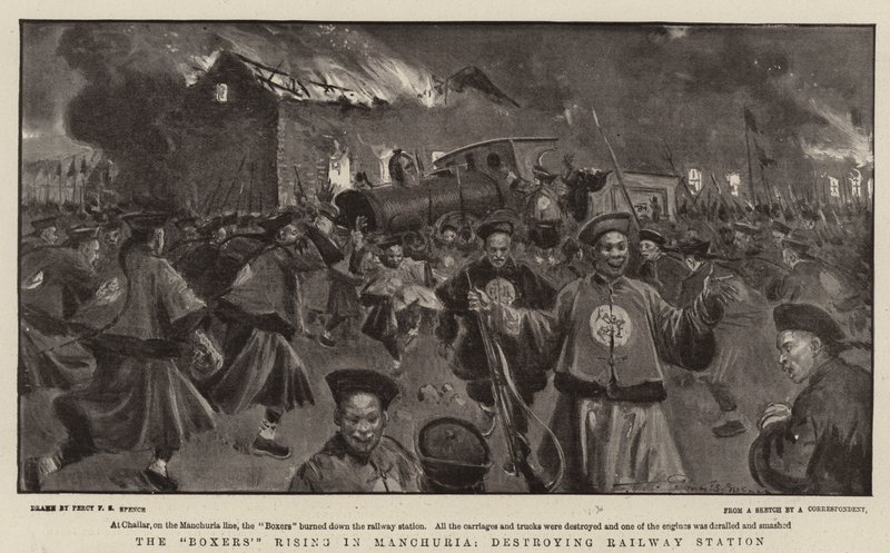 La rivolta dei Boxer in Manciuria, distruggendo la stazione ferroviaria da Percy F.S. Spence